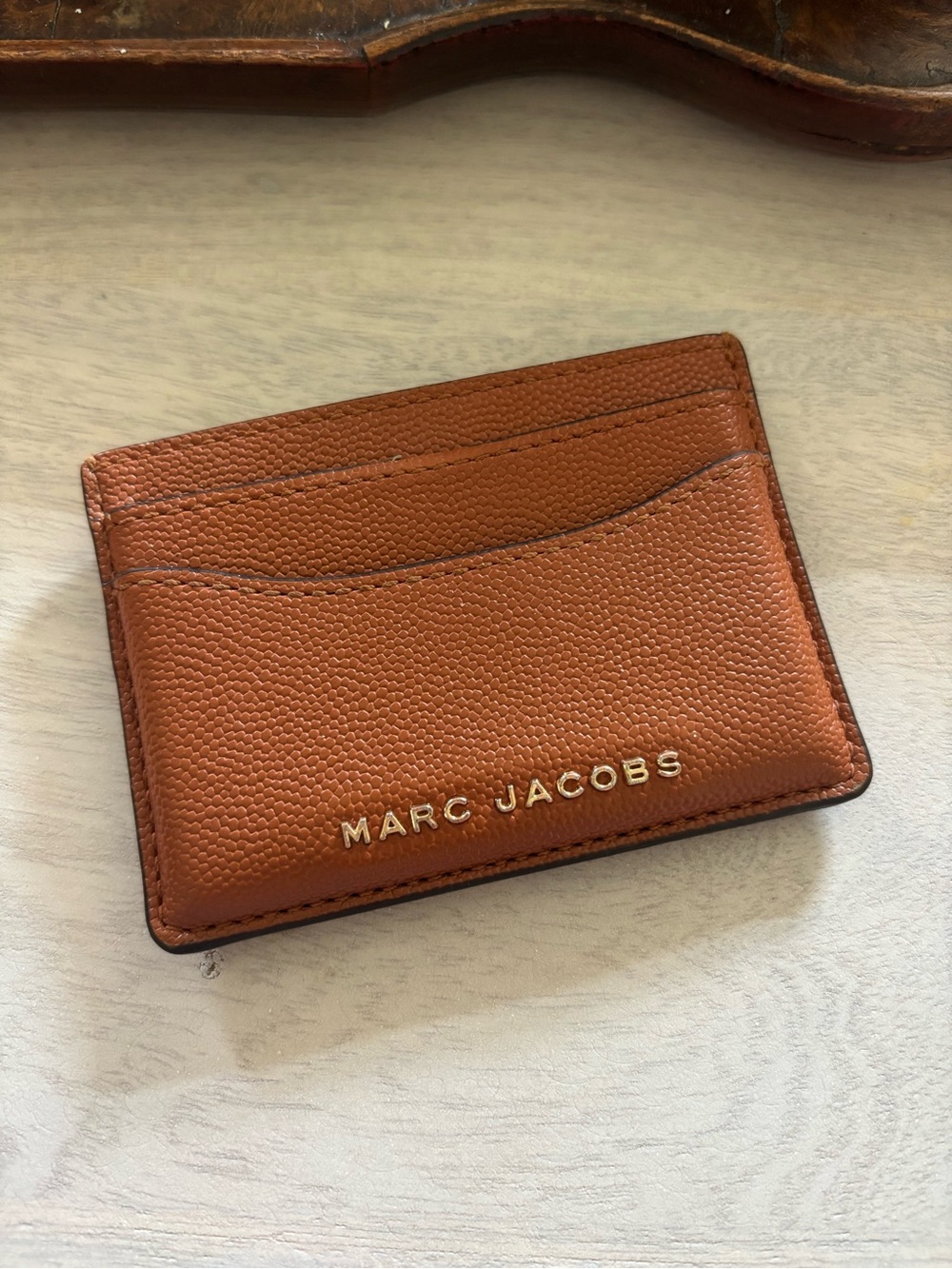 Marc Jacobs Tan Pebbled Leather Card Holder with Gold Logo